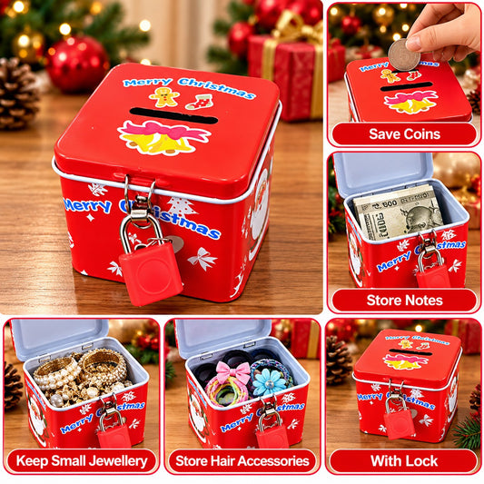 1996 Small Metal Piggy Bank for Kids Mini Tin Money Box Savings Box Money Bank for Girls Santa Claus Home Decor Secret Santa Gift Christmas Gift for Kids [RANDOM DESIGN]
