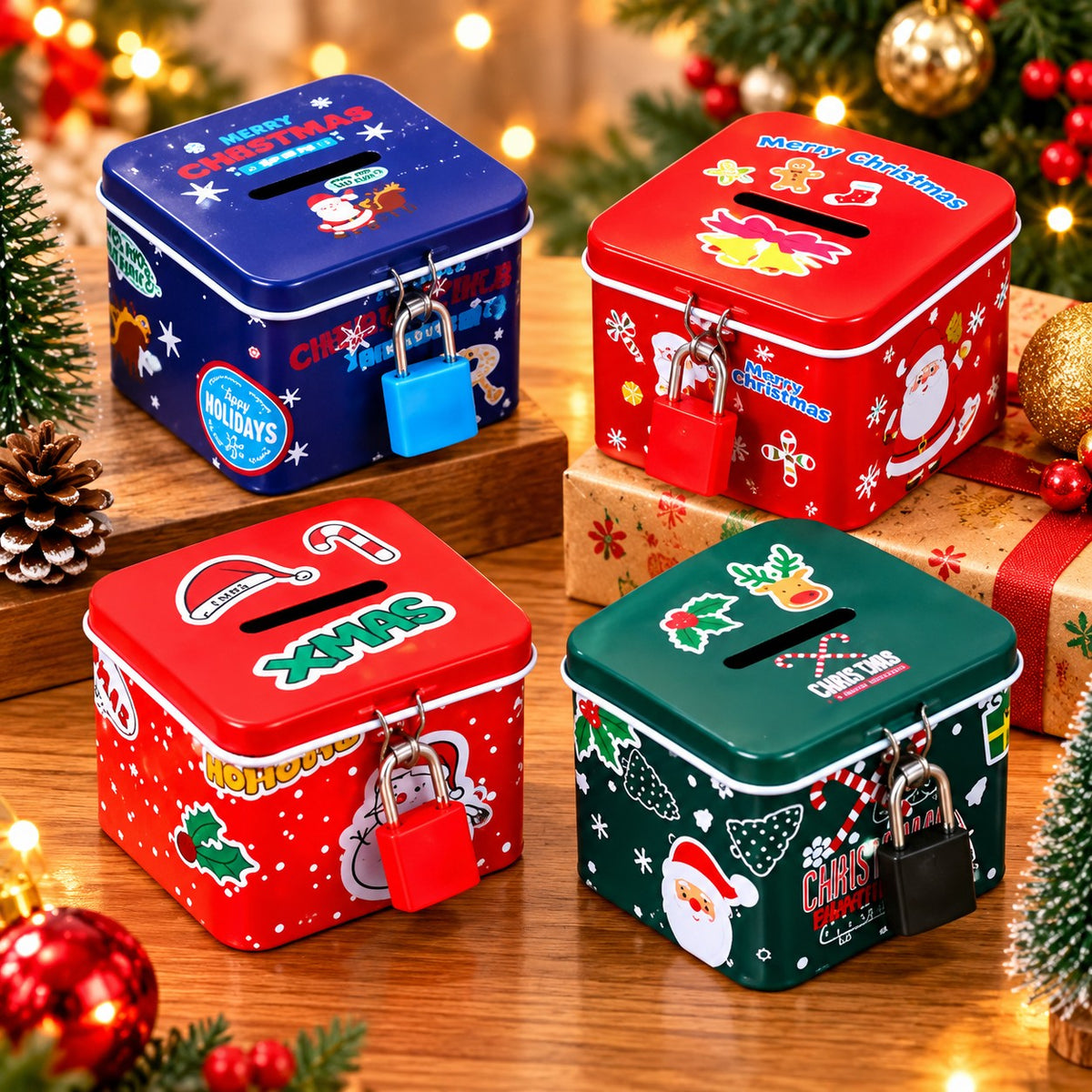 1996 Small Metal Piggy Bank for Kids Mini Tin Money Box Savings Box Money Bank for Girls Santa Claus Home Decor Secret Santa Gift Christmas Gift for Kids [RANDOM DESIGN]