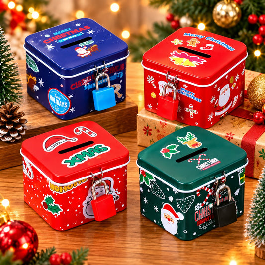 1996 Small Metal Piggy Bank for Kids Mini Tin Money Box Savings Box Money Bank for Girls Santa Claus Home Decor Secret Santa Gift Christmas Gift for Kids [RANDOM DESIGN]