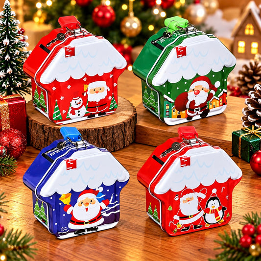 21568 Christmas Theme Print Santa Claus-Mix Design Christmas Design Coin Storage Box | Cute Piggy Bank with Metal Lock Key