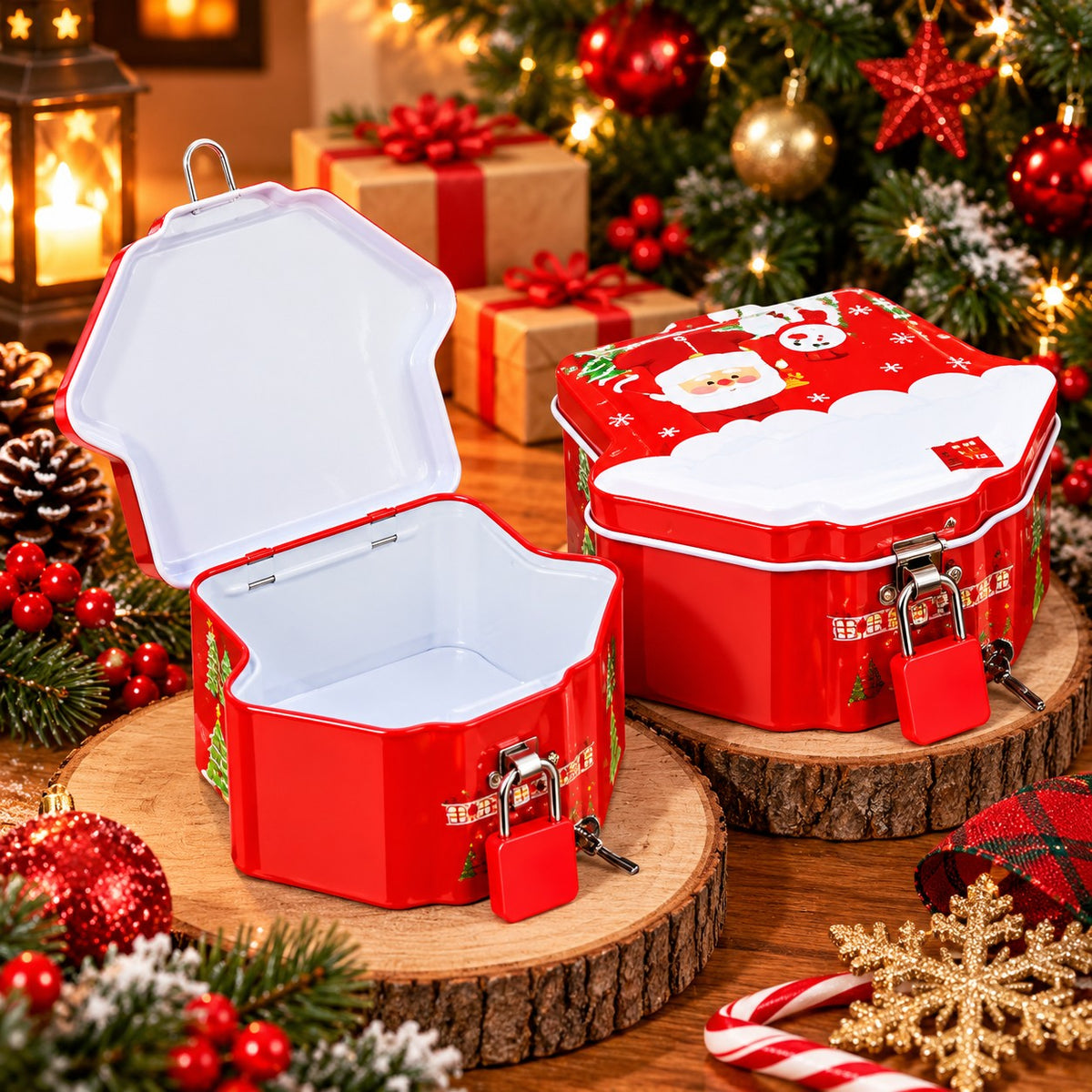 21568 Christmas Theme Print Santa Claus-Mix Design Christmas Design Coin Storage Box | Cute Piggy Bank with Metal Lock Key