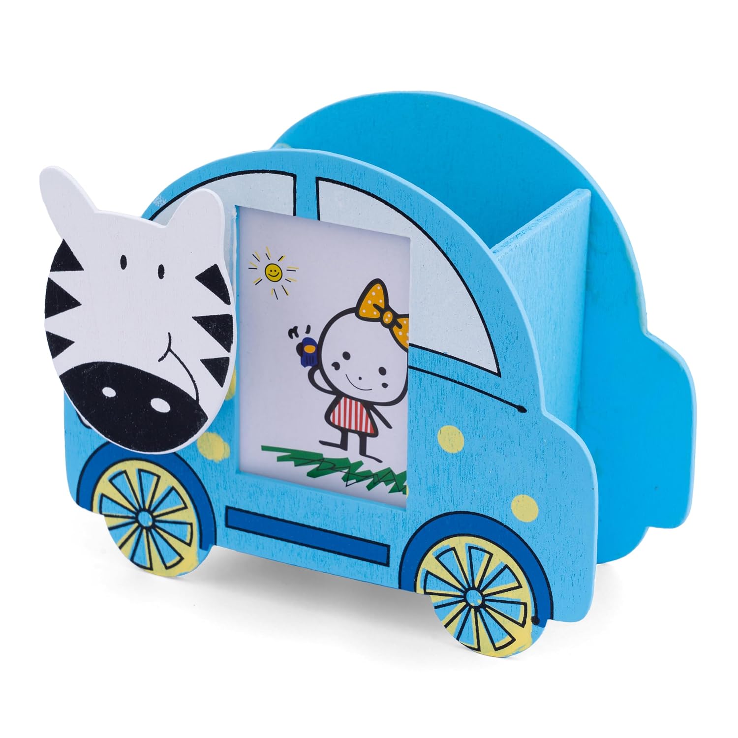 21569 Wooden Pen stand with Photo Frame Stationery Pen Pencil Holder Birthday Return Gift for Kids-Multicolor