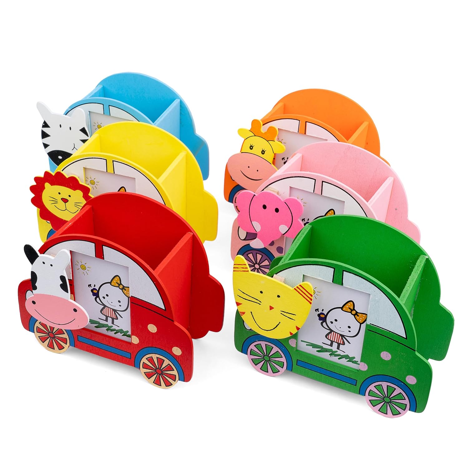 21569 Wooden Pen stand with Photo Frame Stationery Pen Pencil Holder Birthday Return Gift for Kids-Multicolor