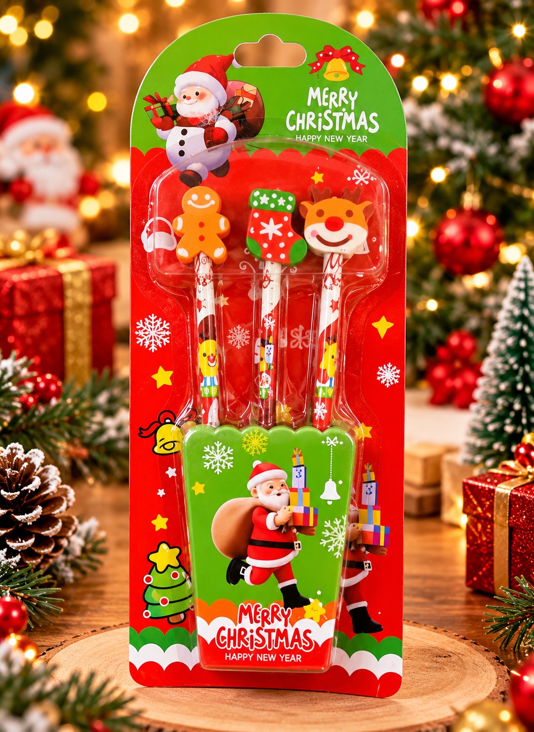YC-713 Christmas Pencil Eraser Set for Kids | Festive Stationery Gift Set with Santa, Reindeer, Gingerbread and Stocking Erasers | School Return Gifts, Party Favors