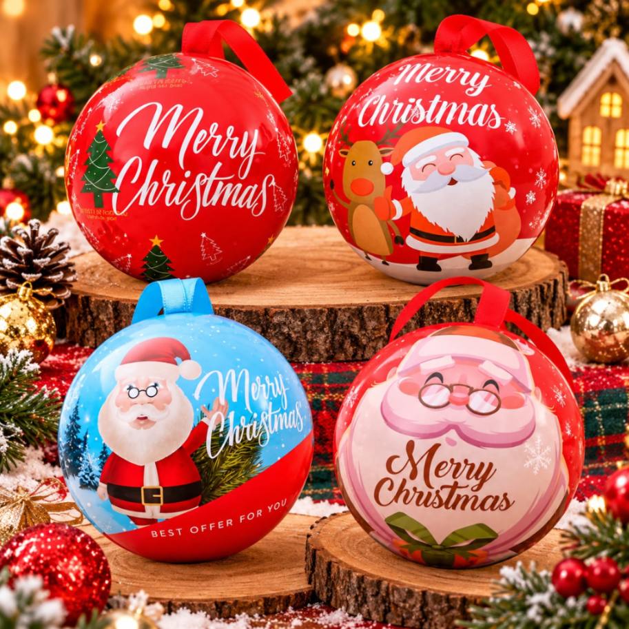 21571 Christmas Tin Gift Box Christmas Ornament Balls Round Candy Balls for Christmas Tree Hanging Party Candy Box Favorsy