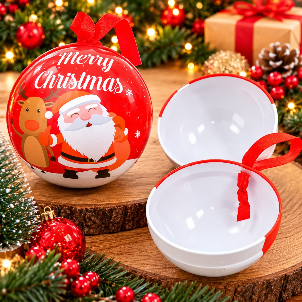 21571 Christmas Tin Gift Box Christmas Ornament Balls Round Candy Balls for Christmas Tree Hanging Party Candy Box Favorsy