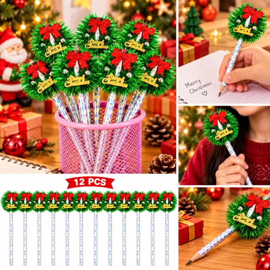 21574 [PACK OF 12] Christmas Wreath Decorative Pencil with Holographic Design