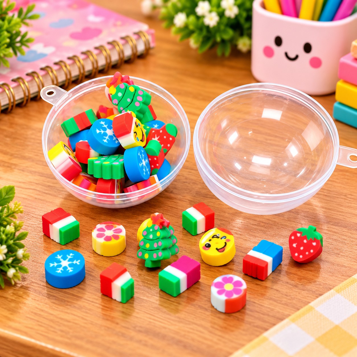 21575 Colorful Fancy Cartoon Shape Erasers in Transparent Capsule Box – Multicolor Kids Stationery Set