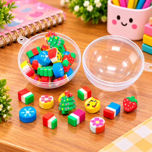 21575 Colorful Fancy Cartoon Shape Erasers in Transparent Capsule Box – Multicolor Kids Stationery Set