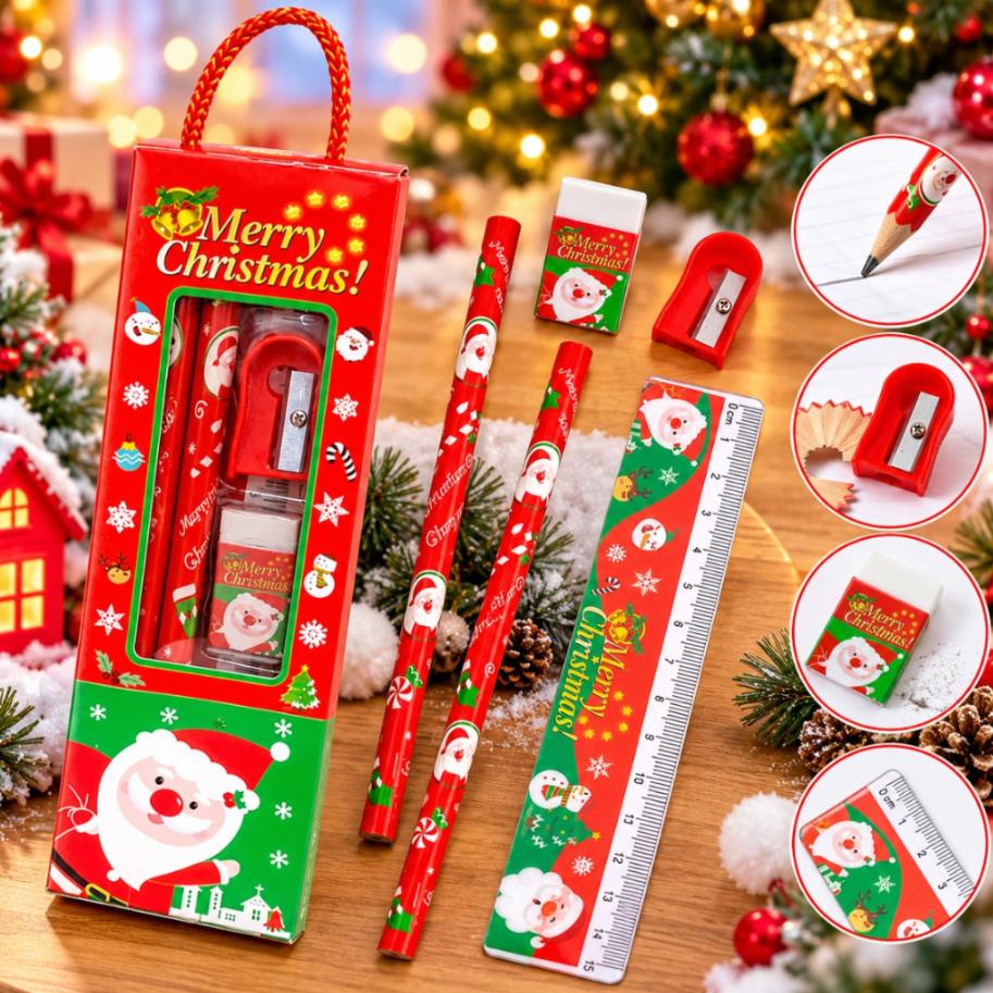 8010 Merry Christmas Stationery Gift Set for Kids Christmas Gifts for Kids New Year Gift, Christmas Theme 1Scale, 2Pencil, 1Sharpener, 1Eraser, Merry X-Max Return Gift for Girls & Boys