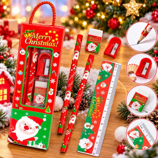 8010 Merry Christmas Stationery Gift Set for Kids Christmas Gifts for Kids New Year Gift, Christmas Theme 1Scale, 2Pencil, 1Sharpener, 1Eraser, Merry X-Max Return Gift for Girls & Boys