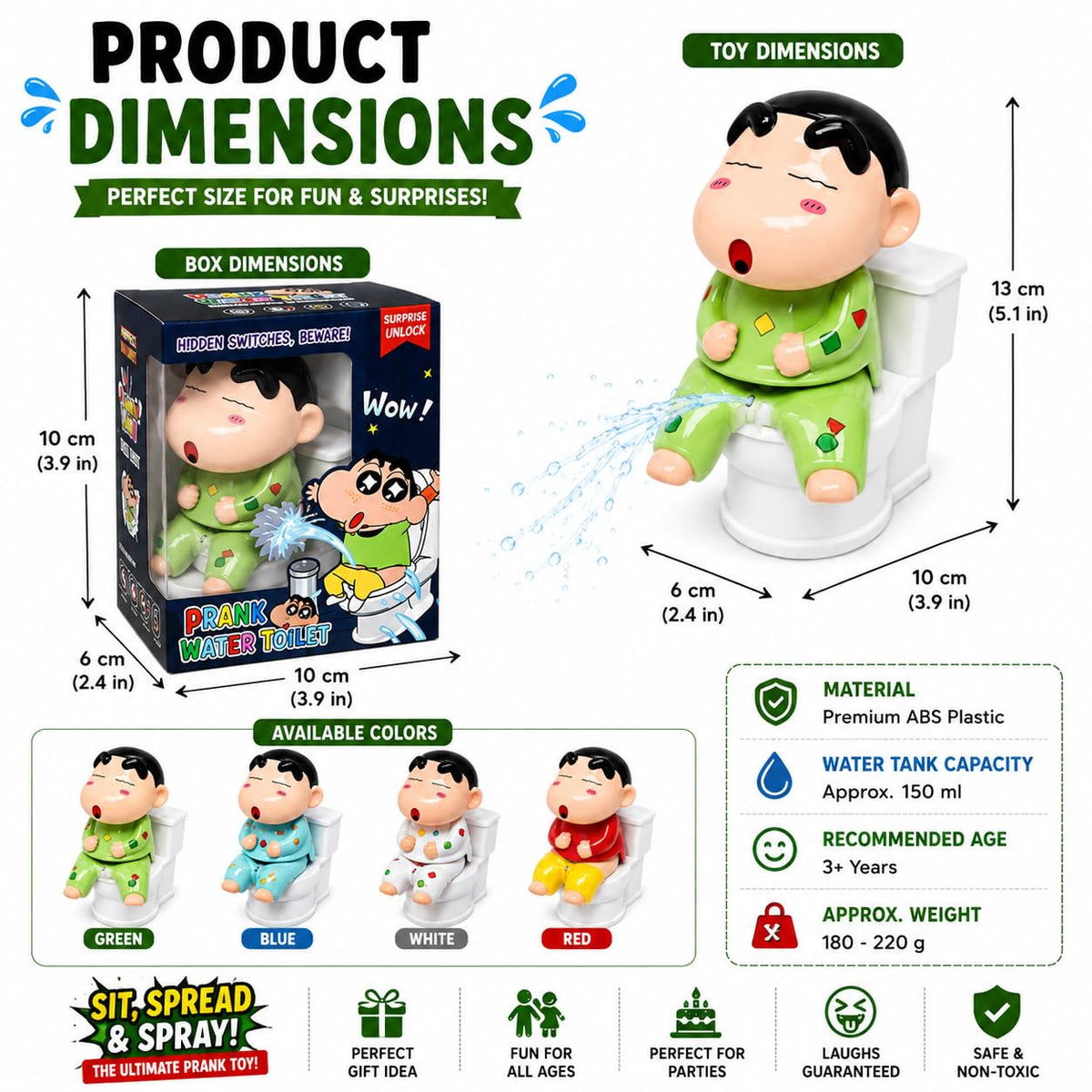 303-1  Funnu Susu Shin-chan Pissing Toilet Prank Leak-Free Water Base | Interactive Mini Water Spray Squeeze-Refillable Water Prank Toy for Funny Novelty Gag Gift