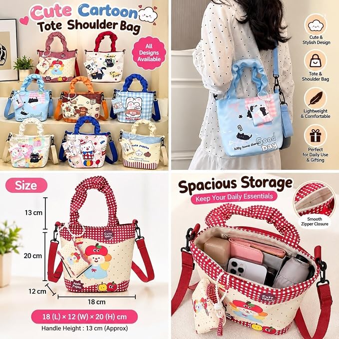 21582 Women's Canvas Shoulder Bag with Cute Cartoon Print, Bucket Shape Tote Purse, Elegant Single Shoulder Strap, Decorative Stitching, Casual Everyday Handbag for Girls and Women