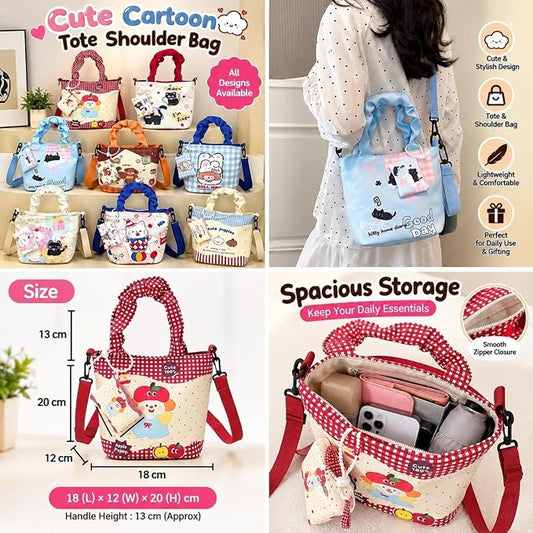 21582 Women's Canvas Shoulder Bag with Cute Cartoon Print, Bucket Shape Tote Purse, Elegant Single Shoulder Strap, Decorative Stitching, Casual Everyday Handbag for Girls and Women