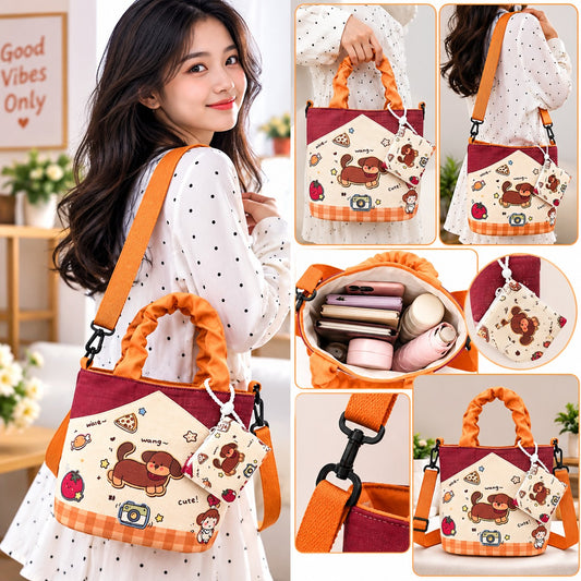 21582 Women's Canvas Shoulder Bag with Cute Cartoon Print, Bucket Shape Tote Purse, Elegant Single Shoulder Strap, Decorative Stitching, Casual Everyday Handbag for Girls and Women