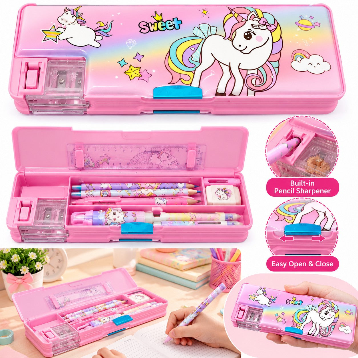 21583 Premium Pink Unicorn Multipurpose Pencil Box with Built-in Sharpener & Secure Lock for Kids