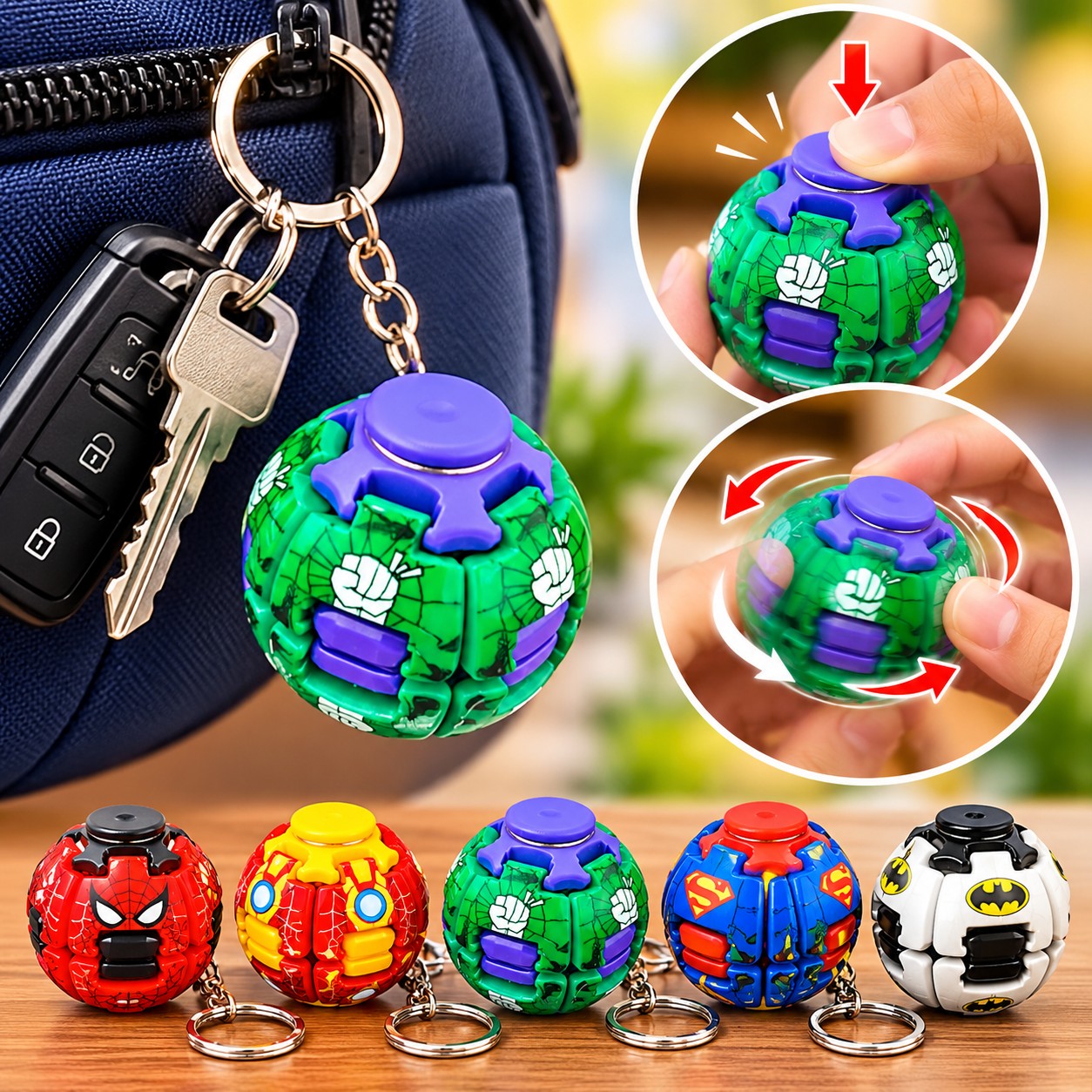 21585 Superhero Gyro Ball Fidget Spinner Keychain Toy – Colorful Rotating Puzzle Keychain for Kids