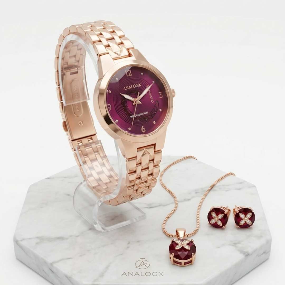 20654 Rose Gold Analog Women’s Wrist Watch with Necklace & Earrings Set | Metal Bracelet Watch | Jewellery Gift Combo for Women {Random Design}