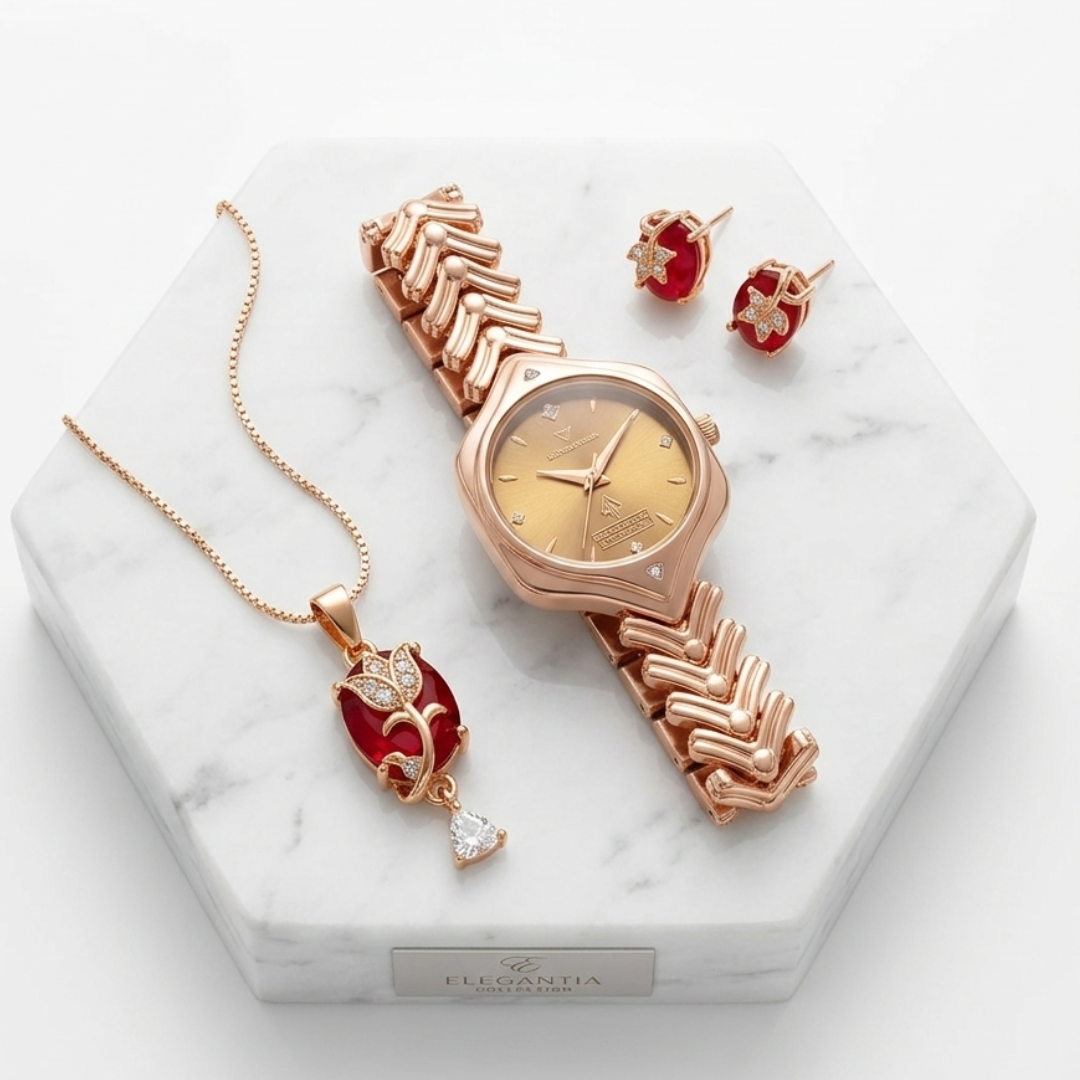 20654 Rose Gold Analog Women’s Wrist Watch with Necklace & Earrings Set | Metal Bracelet Watch | Jewellery Gift Combo for Women {Random Design}