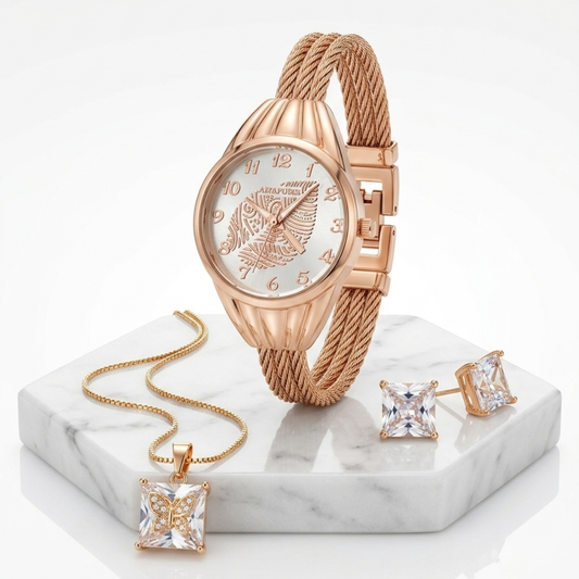 20654 Rose Gold Analog Women’s Wrist Watch with Necklace & Earrings Set | Metal Bracelet Watch | Jewellery Gift Combo for Women {Random Design}