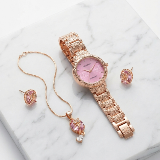 20654 Rose Gold Analog Women’s Wrist Watch with Necklace & Earrings Set | Metal Bracelet Watch | Jewellery Gift Combo for Women {Random Design}