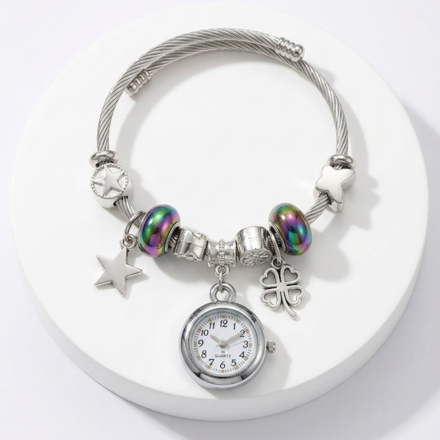 20657 Elegant Bracelet with Clock | Adjustable Bangle | Stainless Steel  |  Silver Jewellery for Women {Random Design}