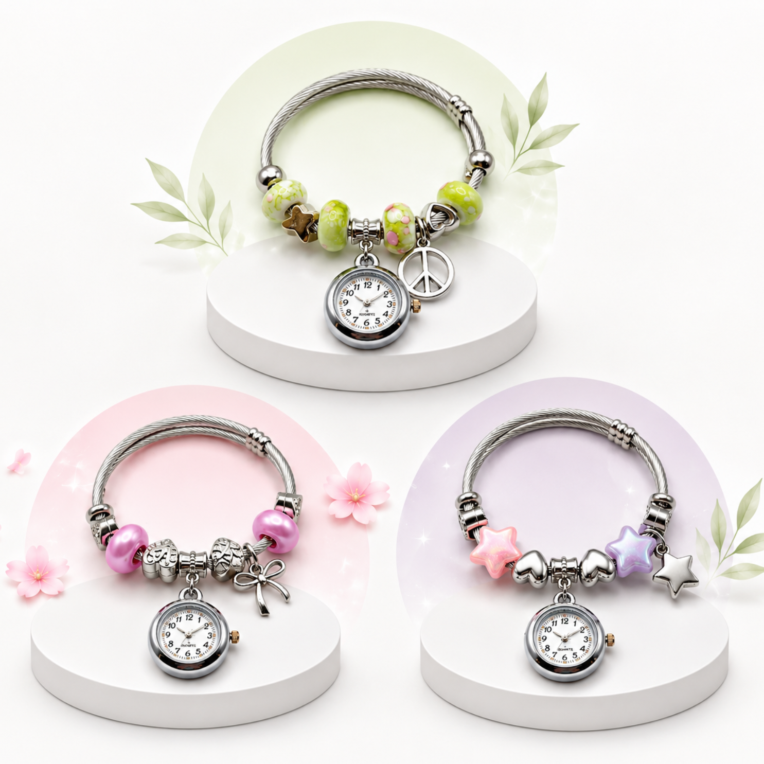20657 Elegant Bracelet with Clock | Adjustable Bangle | Stainless Steel  |  Silver Jewellery for Women {Random Design}
