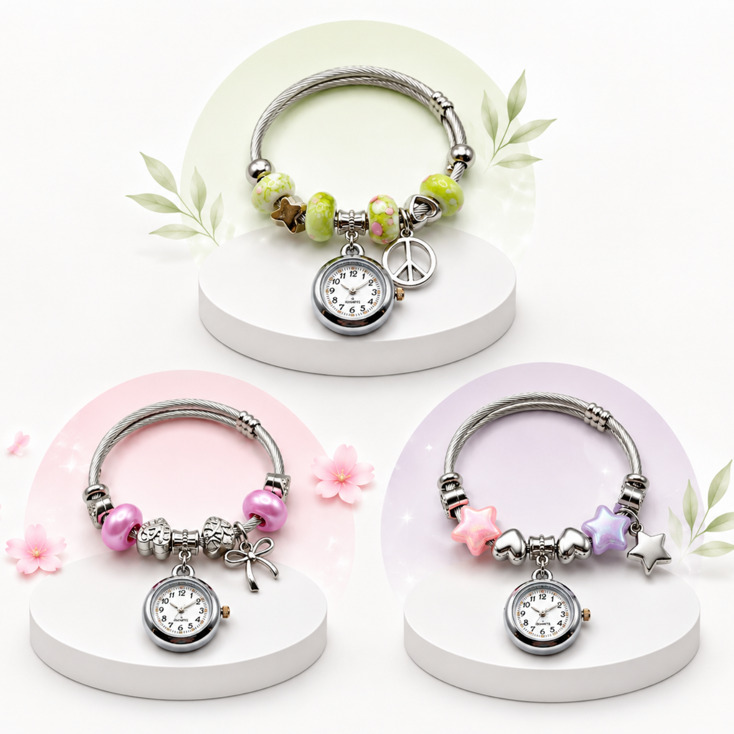 20657 Elegant Bracelet with Clock | Adjustable Bangle | Stainless Steel  |  Silver Jewellery for Women {Random Design}