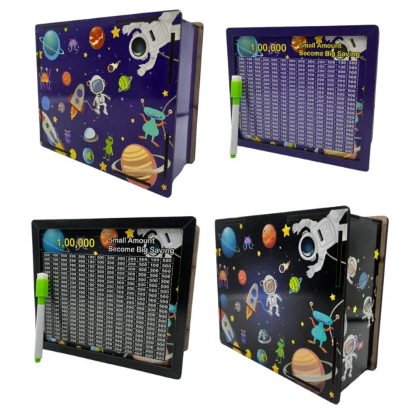 10681 Wooden Space Money Box with Saving Tracker। 1 lakh Goal Piggy Bank for Kids and Adults