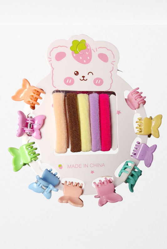 BSB1352 {12 Pcs} Kids Hair Accessories Set | Mini Claw Hair Clips & Soft Elastic Hair Bands | Cute Multicolor Hair Accessories for Girls