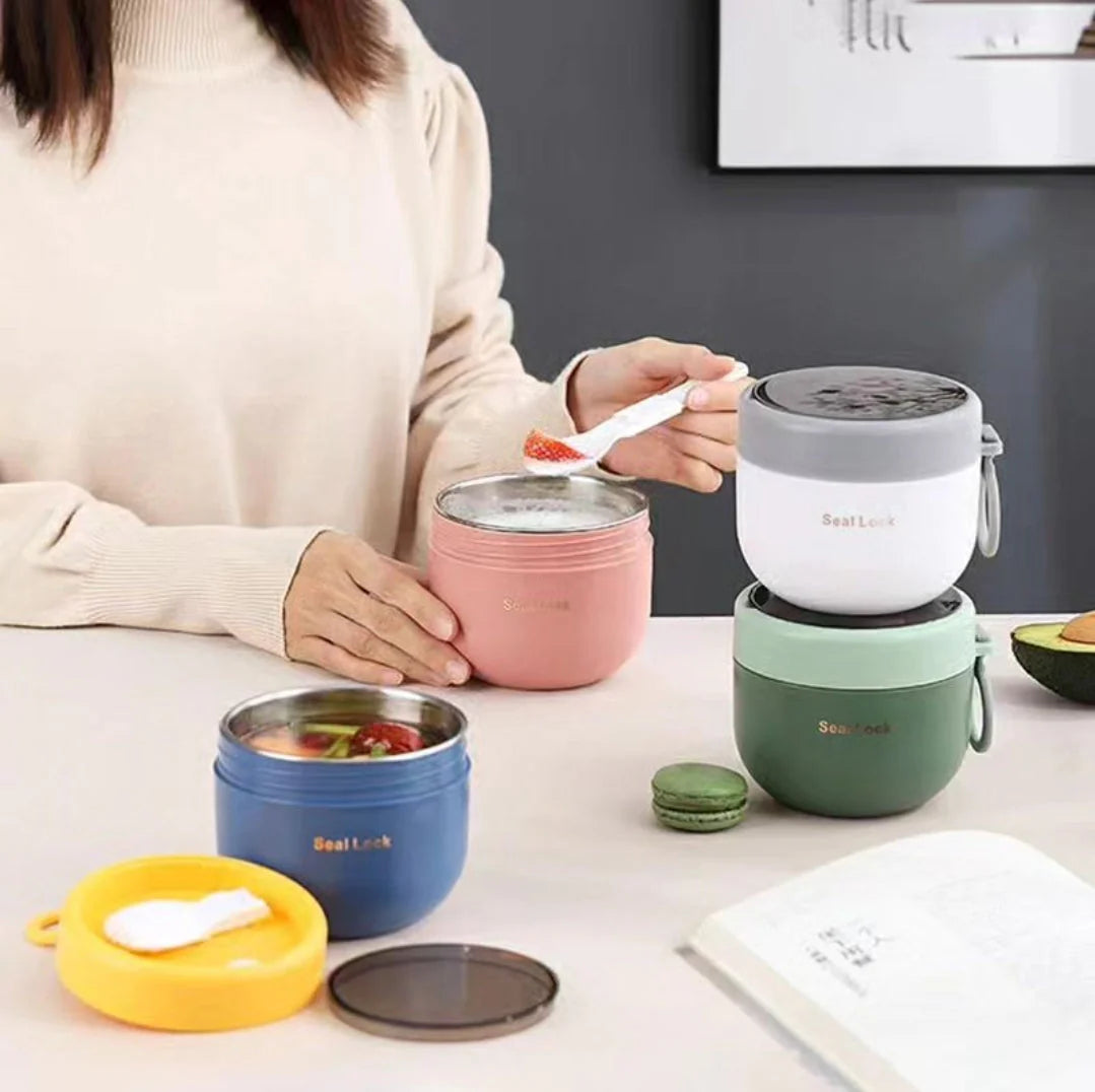 20773 Stainless Steel Insulated Bowl Lunch Box 600ml | Hot & Cold Meal Holder with Handle & Spoon | Leak Resistant Food Container for Office, School, Travel {Random Color}