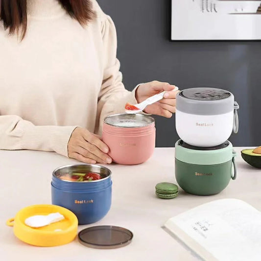 20773 Stainless Steel Insulated Bowl Lunch Box 600ml | Hot & Cold Meal Holder with Handle & Spoon | Leak Resistant Food Container for Office, School, Travel {Random Color}