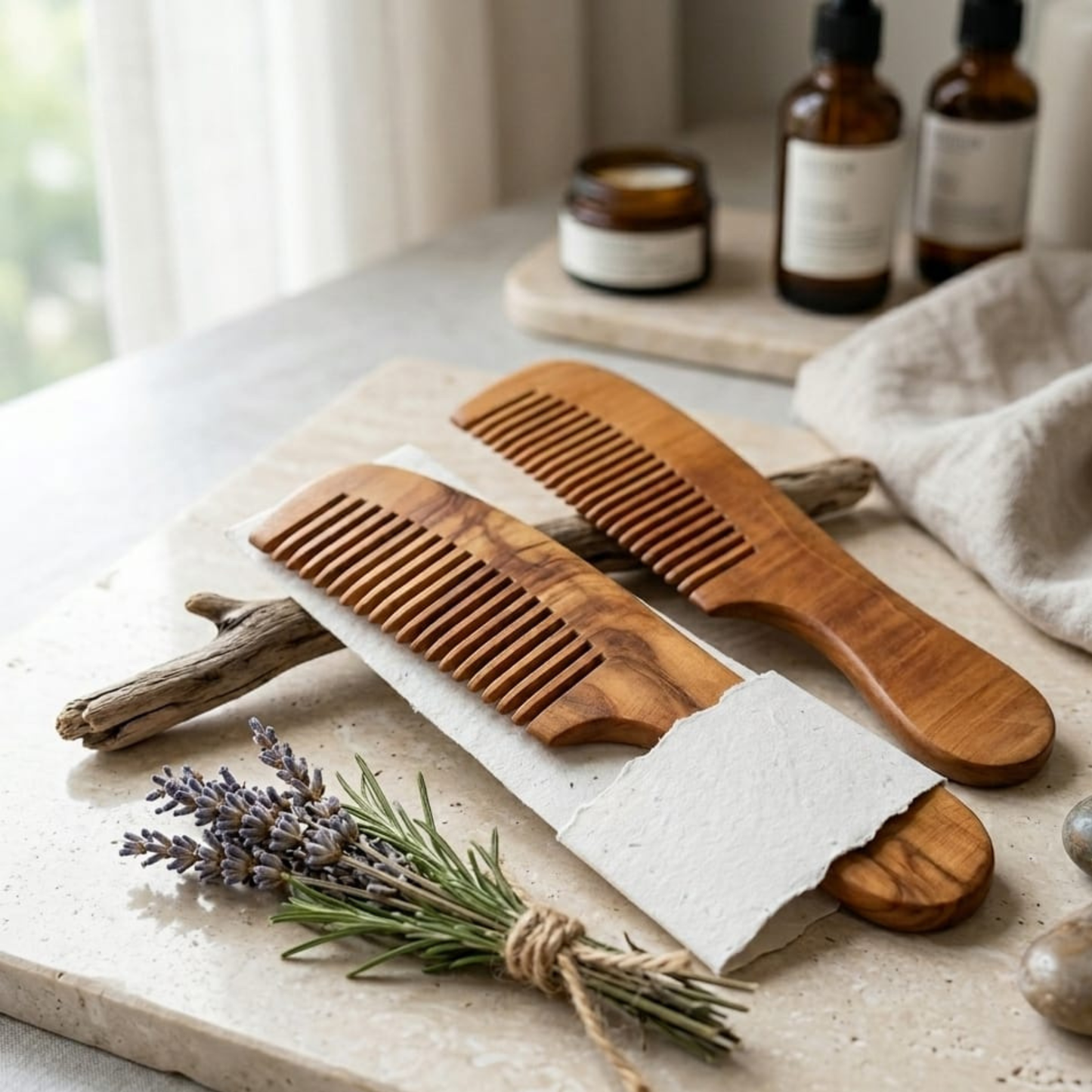 20689 Wooden Comb - Traditional Natural Kadigai wooden Comb - Natural Brown Wood Hair Comb For Women and Men {Random Design}