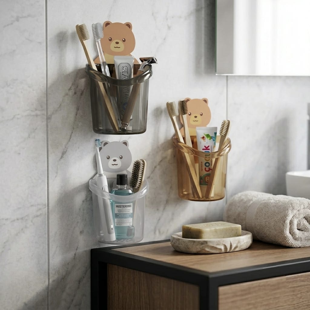 10824 Toothbrush Holder Wall-Mounted Suction Cup Cute Bear Storage Cup