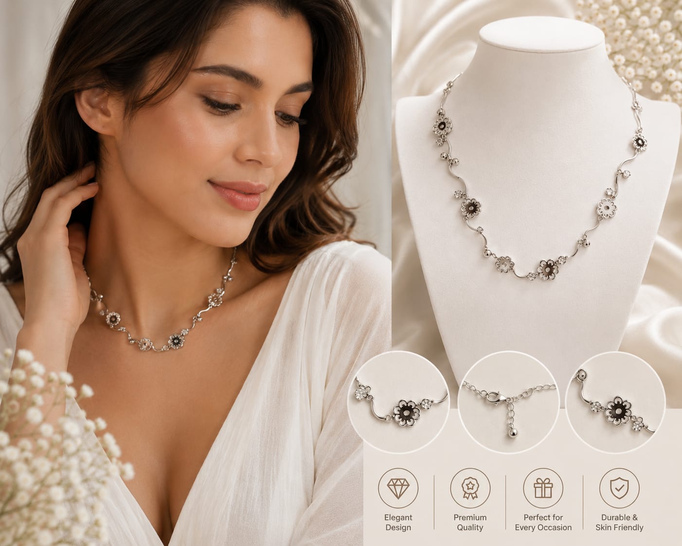 21171 Silver Flower Charm Bracelet for Women – Elegant Adjustable Link Bracelet