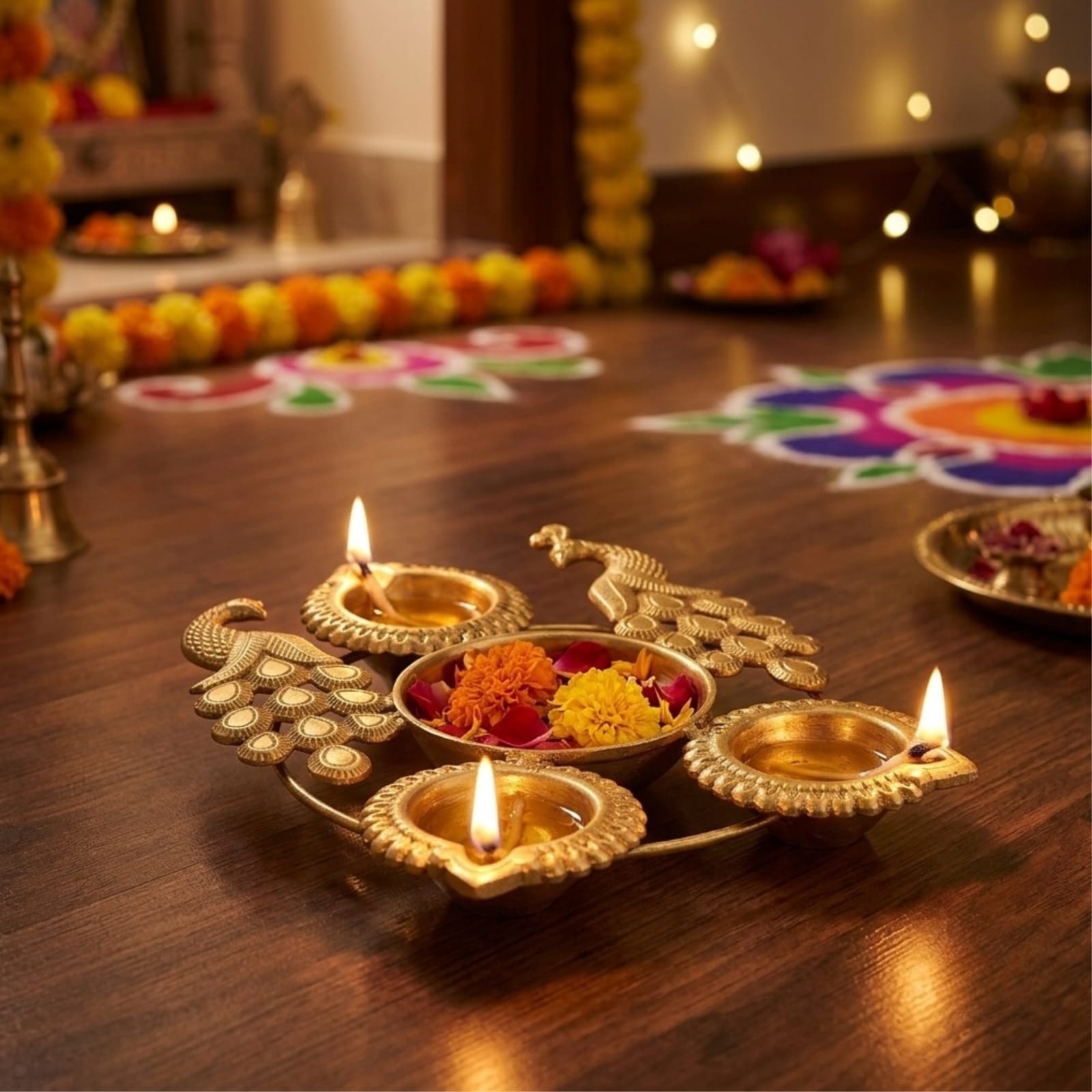 21373 Brass Peacock Diya Stand: Festive Glow