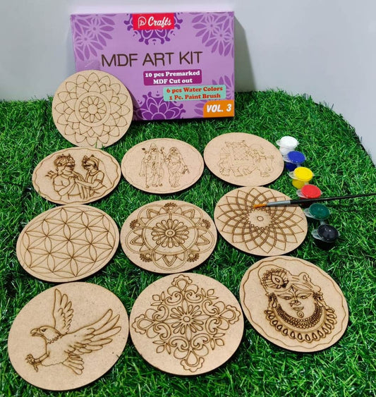 20967 (10 PCS) DIY MDF Art Kit with 10 Pre-Marked Round Coasters, 6 Water Colors & Paint Brush | Wooden Painting Craft Kit for Kids & Adults
