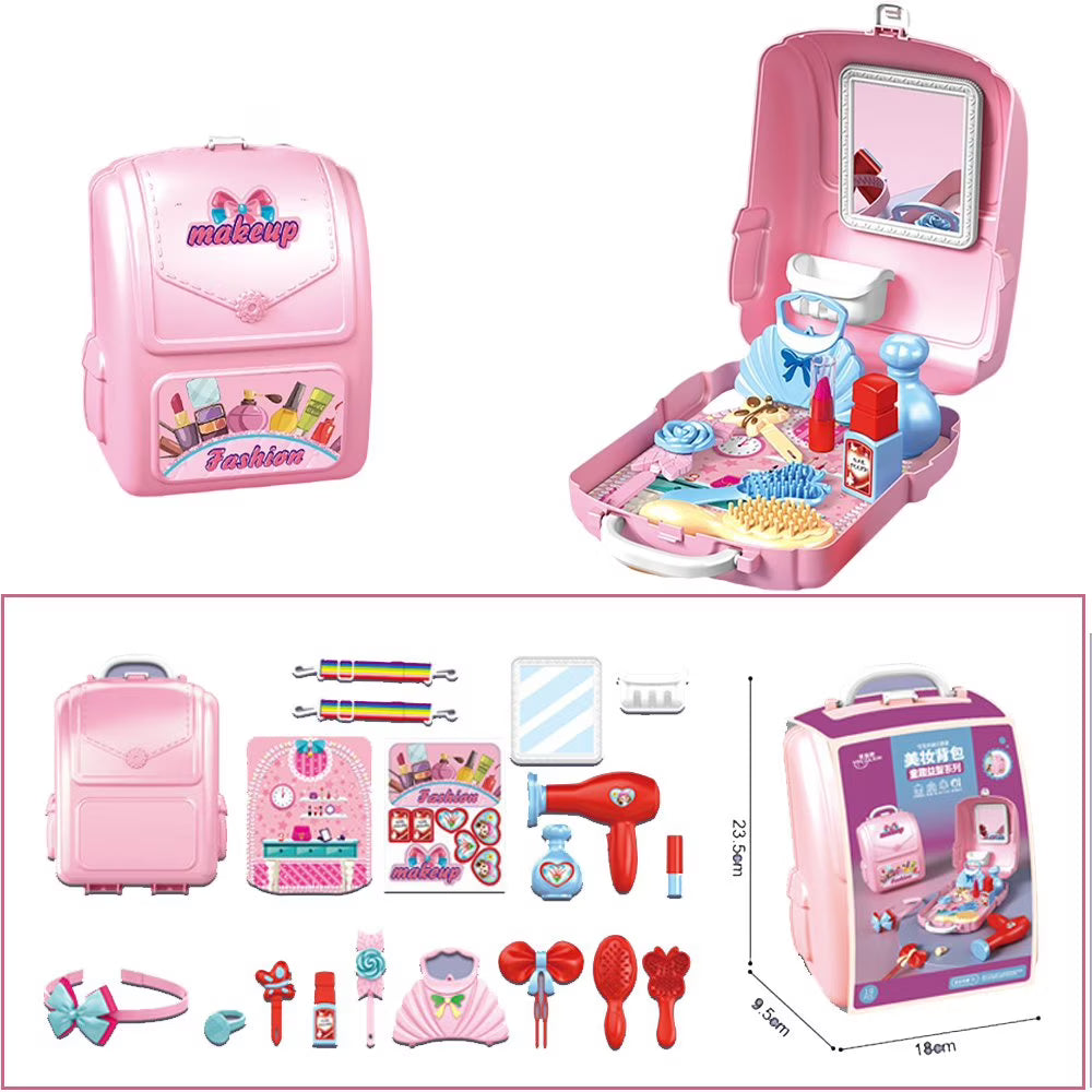 133A Pretend to Play Set Toys Simulation Jewelry Dressing Table Toothbrush Tool Set Kitchen Tableware with Backback Box for Boys Girls White