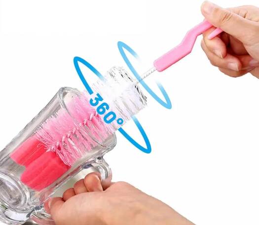 21046 (set of 2) 1 big 1 small Nylon Bottle Brush with Nipple Cleaner | 360° Rotating Handle | High-Density Soft Bristles | BPA Free | Scratch-Free Cleaning | Non-Toxic | Easy Grip (Multicolour)