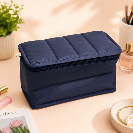 20856 Premium Quilted Cosmetic Makeup Organizer Bag | Large Capacity Travel Toiletry Pouch | Waterproof Zipper Storage Case for Women | Navy Blue Size=22*13*16 Cm