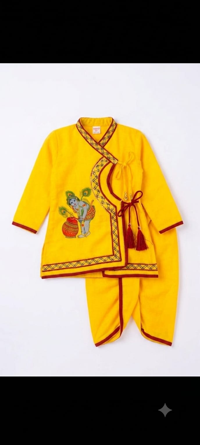 21066 Baby Boy Krishna Traditional Yellow Kurta Dhoti Set with Bal Krishna Print – Festive Ethnic Wear