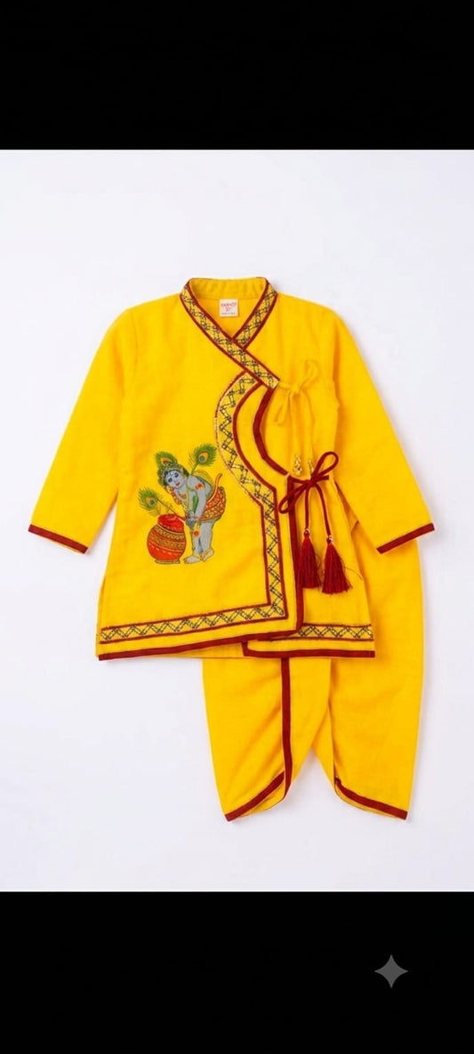 21066 Baby Boy Krishna Traditional Yellow Kurta Dhoti Set with Bal Krishna Print – Festive Ethnic Wear