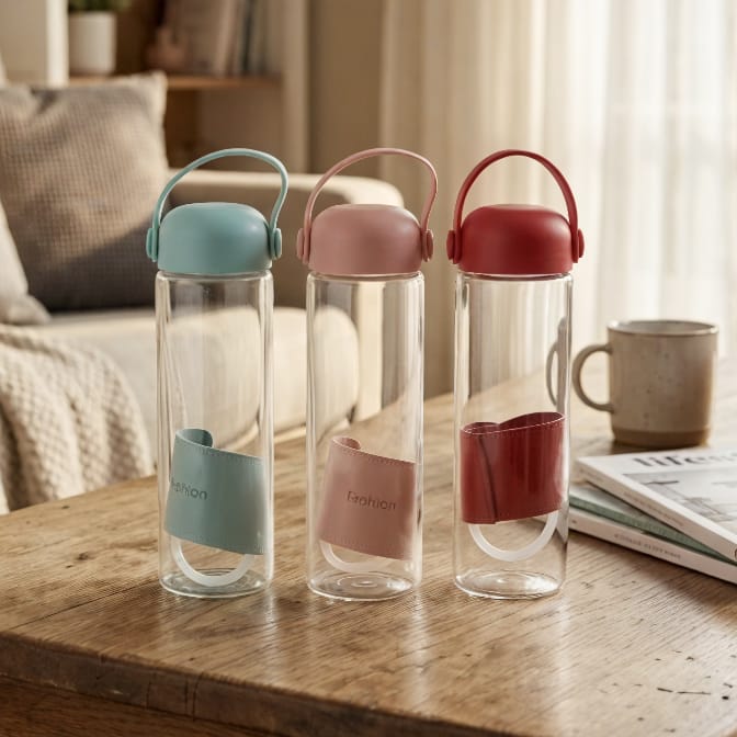 20733 Premium Glass Water Bottle with Handle | Leakproof BPA Free Drinking Bottle | Portable Water Flask for Office, Gym & Travel {Random Color}