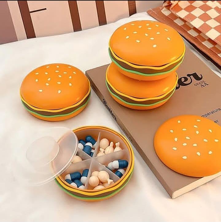 WS501 Cute Burger Shape Pill Box, Portable Mini Medicine Organizer for Daily Use