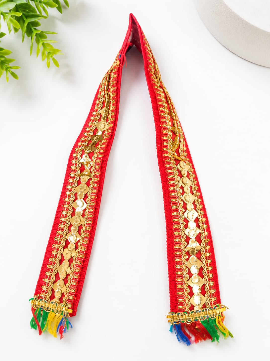 21124 Red & Golden Embroidered Decorative Toran | Traditional Handmade Door Hanging with Multicolor Tassels Size=29 cm