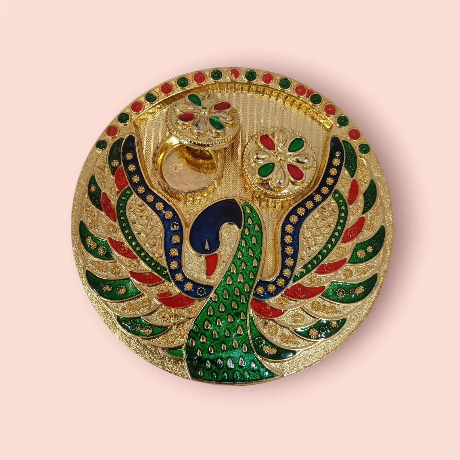 11351 Traditional Handcrafted Gold Plated Plastic Thali Haldi kumkum Chandhan Holder Plate with Lid for Pooja {Random Design}