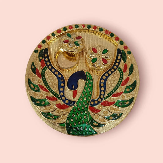 11351 Traditional Handcrafted Gold Plated Plastic Thali Haldi kumkum Chandhan Holder Plate with Lid for Pooja {Random Design}