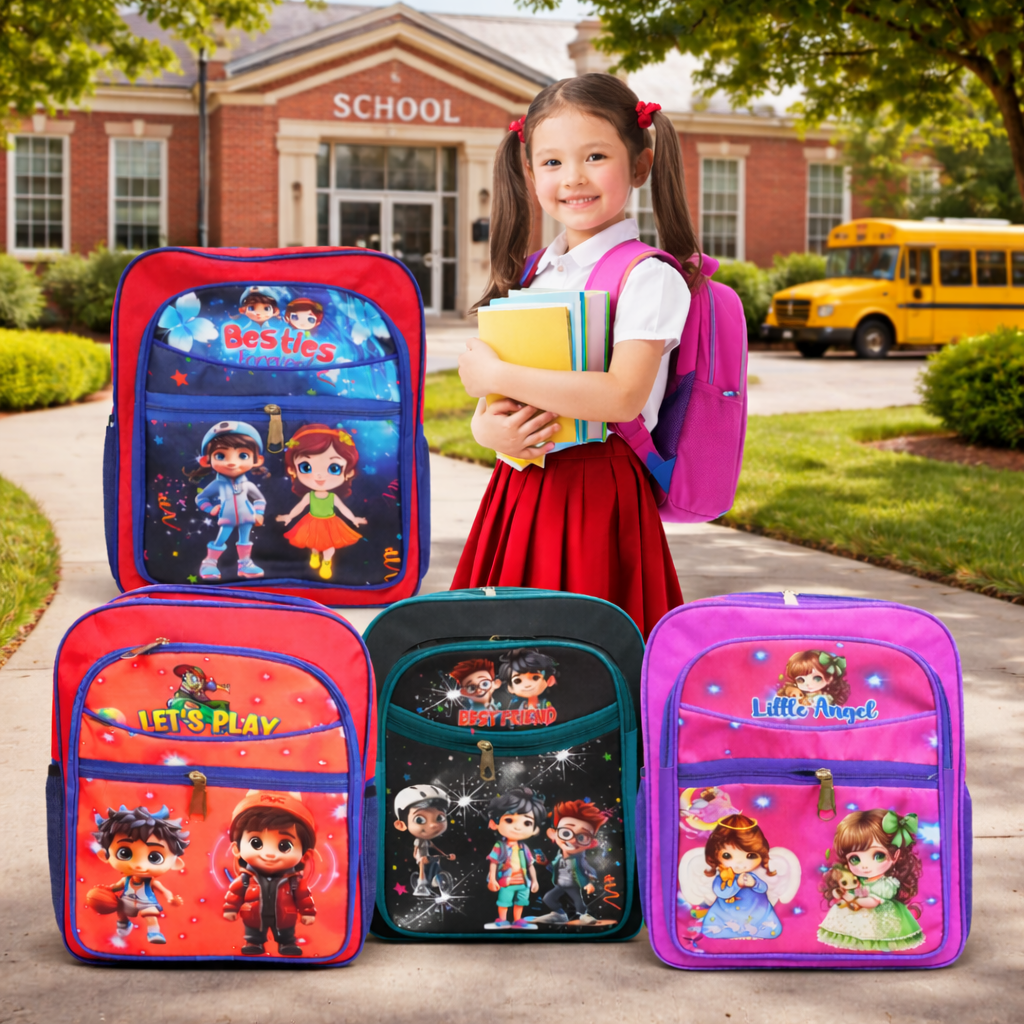 10610 School Bag for Boy & Girl & Cartoon Printed 4 Compartment {Random Design}