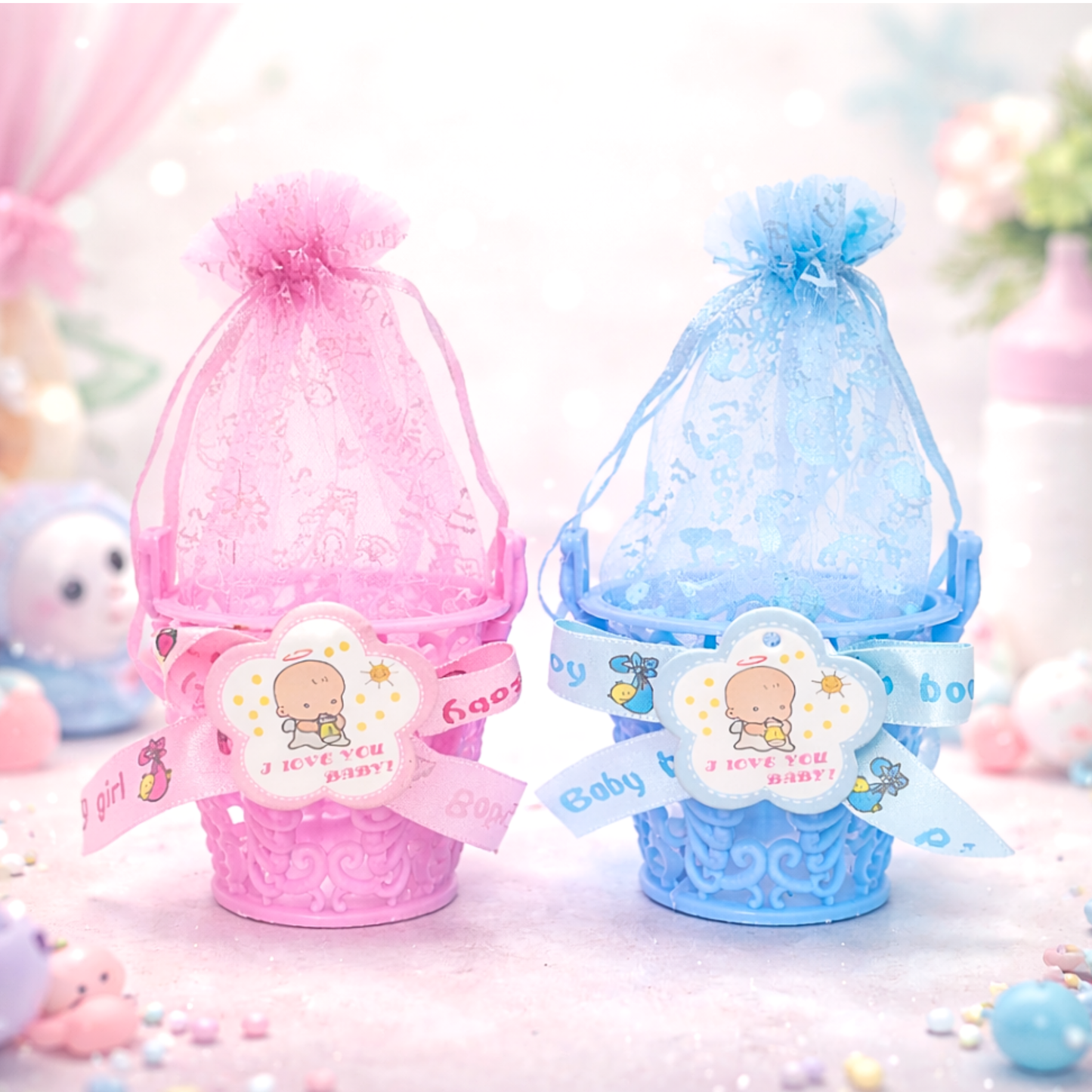 20532 {12 Pcs} Mini Basket Baby Shower Favor Candy Bag {Pink and Blue}