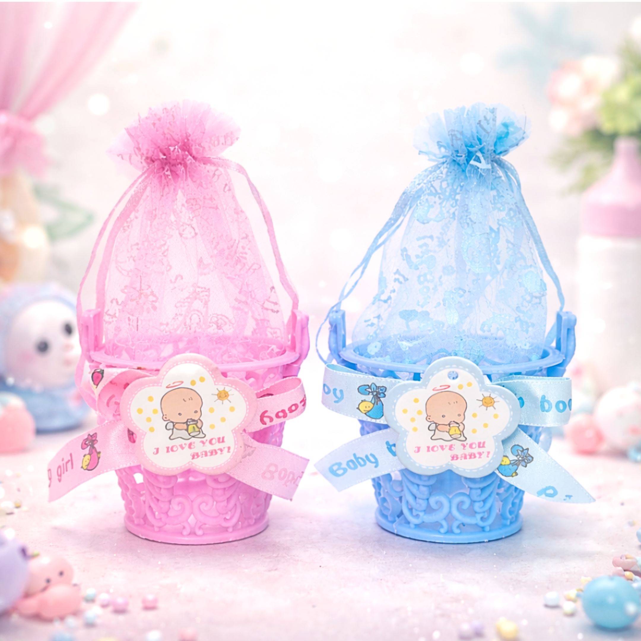 20532 {12 Pcs} Mini Basket Baby Shower Favor Candy Bag {Pink and Blue}